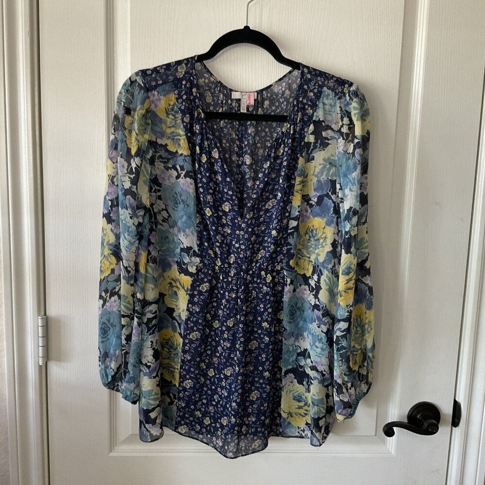 Joie 100% Silk Blouse Shirt Top Womens Blue Floral Sz Large Long Sleeve V neck